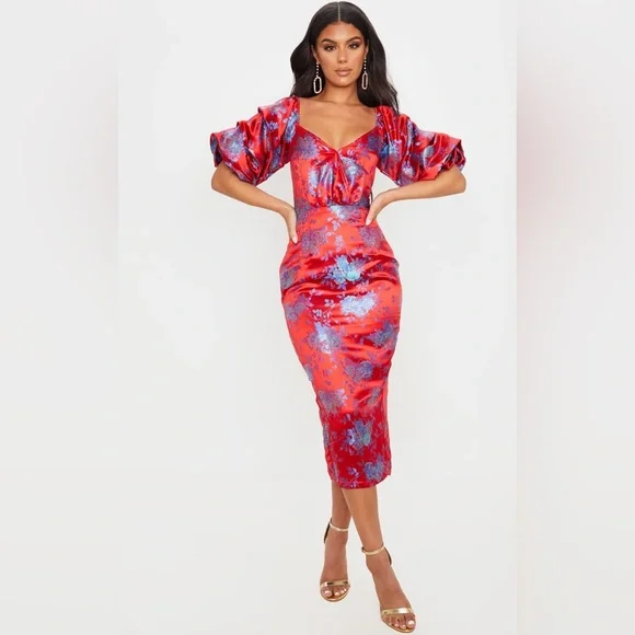 PrettyLittleThing Dresses Asian Jacquard Brocade Red Floral